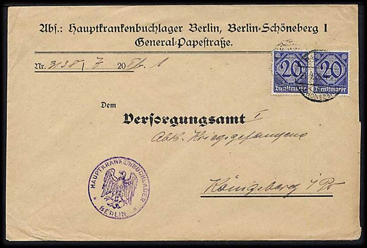 20 pfg. Tjenestemærke i parstykke på brev fra Berlin 1920 til Königsberg. Briefstempel: Hauptkrankenbuchlager Berlin.