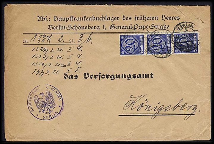 20 pfg. Tjenestemærke i 3-stribe på brev fra Berlin 1920 til Königsberg. Briefstempel: Hauptkrankenbuchlager Berlin.