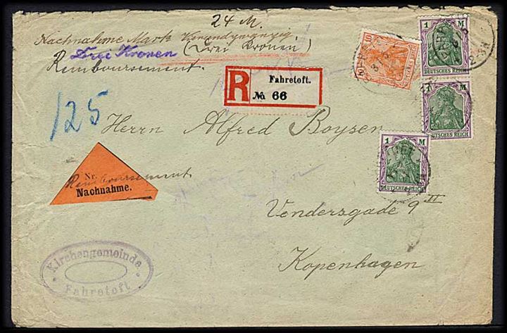 10 pfg. og 3 mk. (3) Germania på anbefalet brev med opkrævning fra Fahretoft d. 3.5.1921 til København, Danmark.