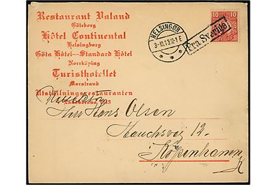 10 öre Gustaf på reklamekuvert annulleret med skibsstempel Fra Sverige og sidestemplet Helsingør d. 3.10.1913 til København, Danmark.