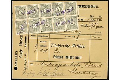 Danske Statsbaner. 5 øre fragtmærke (10) på Aarhus Rutebilstation kuvert annulleret med liniestempel d. 11.10.1937 fra firma Aage Havemann i Aarhus til Aandssvageanstalten Sølund pr. Skanderborg.