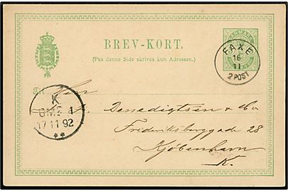 5 øre Våben helsagsbrevkort annulleret lapidar Faxe d. 16.11.1892 til København.