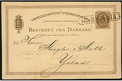 6 øre helsagsbrevkort fra Kjøbenhavn d. 15.11.1874 annulleret med svensk skibsstempel Från Danmark til Ystad, Sverige. På bagsiden ank.stemplet i Ystad d. 15.11.1874.