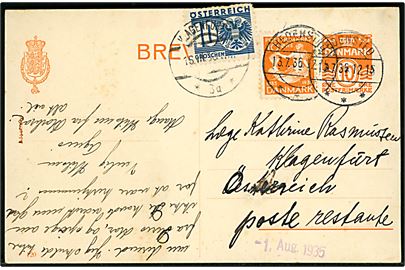 10 øre helsagsbrevkort (fabr. 120) opfrankeret med 10 øre H. C. Andersen fra Hedensted d. 13.7.1936 til poste restante i Klagenfurt, Østrig. Påsat 10 gr. østrigsk portomærke som poste restante gebyr.