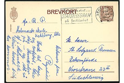 20 øre Fr. IX helsagsbrevkort (fabr. 198) sendt til reduceret GRÆNSEPORTO fra Sønderborg d. 12.4.1961 til Eckernförde i Sydslesvig.