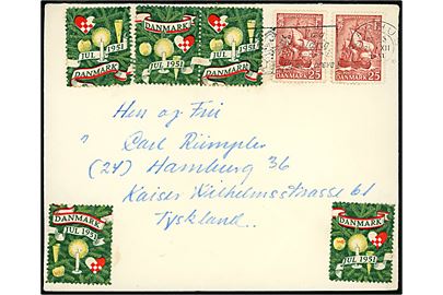 25 øre Søofficersskolen (2) og Julemærke 1951 (5) på brev fra Aarhus d. 21.12.1951 til Hamburg, Tyskland.