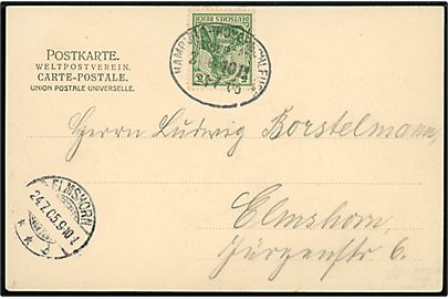 5 pfg. Germania på brevkort (Gruss aus Krempermoor) annulleret med bureaustempel Hamburg - Hoyerschleuse Bahnpost Zug 1011 d. 24.7.1905 til Elmshorn.