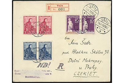 Komplet sæt Thorvaldsen i parstykker på anbefalet brev annulleret med udslebet stjernestempel VEJLE FJORD og sidestemplet Veile d. 18.4.1939 til Prag, Tjekkoslovakiet.
