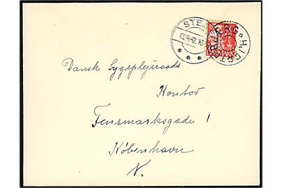 20 øre Karavel på brev annulleret med udslebet stjernestempel HJERTEBJÆRG og sidestemplet Stege d. 13.4.1942 til København.
