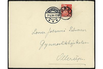 15 øre Karavel på brev annulleret med udslebet stjernestempel RØRBY og sidestemplet Kalundborg d. 21.8.1934 til Ollerup.