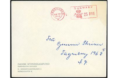 25 øre posthusfranko på fortrykt kuvert fra Dansk Kvindesamfund sendt lokalt i København d. 28.12.1965.