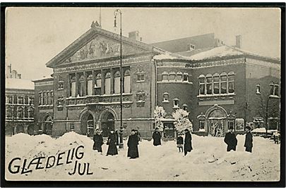 Aarhus, Theater i sne en vinterdag. Glædelig Jul. H. A. Ebbesen no. 1107.