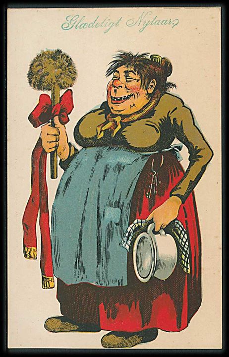 Glædeligt Nytaar. Stor kvinde med kost og potte. L. M. M. no. 698.