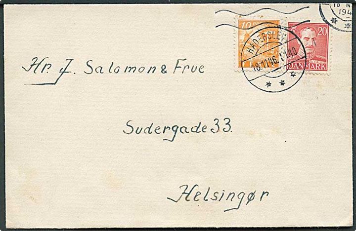 Blandingsfrankering med 20 øre Chr. X og 10 øre Feriemærke på brev fra Haderslev d. 18.11.1946 til Helsingør.