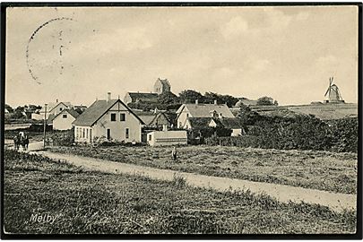 Melby, udsigt med kirke og i baggrunden mølle. A. Jensen u/no. Frankeret med 5 øre Bølgelinie annulleret med bureaustempel Hillerød - Frederiksværk T.1 d. 10.8.1912 til København.
