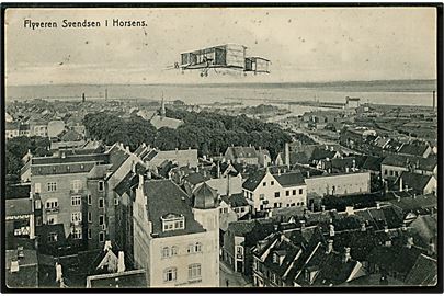 Flyveren Svendsen over Horsens. J. Brorsen u/no. Ældre kort frankeret med 5 øre Chr. X annulleret med brotype IIIb Barrit d. 11.8.1916 til Stouby.