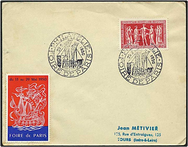 15 frank rød på brev fra Paris, Frankrig, d. 29.5.1950 til Tours.