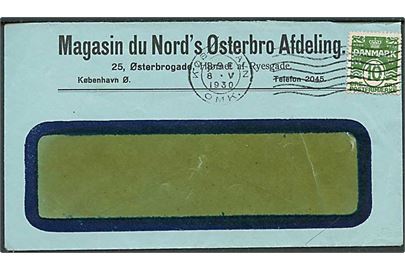 10 øre Bølgelinie med perfin “E.C.” på fortrykt kuvert Magasin du Nord’s Østerbro Afd. stemplet København d. 8.5.1930. Perfin angives med bruger: E. Carstensen (?) jf. Perfin-kataloget.