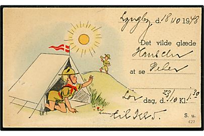 Ellis Hansen-Møller: Spejder på telttur. Lille indbydelseskort no. 427.