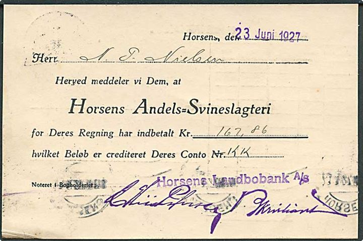 10 øre Bølgelinie med perfin “H.A.S.” på fortrykt brevkort fra Horsens Andels-Svineslagteri i Horsens d. 23.7. 1927 til Stenderup. Kun registreret anvendt 1925-28.
