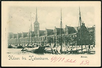 Købh., Hilsen fra med Børsen og sejlskibe. Budtz Müller & Co. u/no. Frankeret med 10 øre Våben fra Kjøbenhavn 1899 til Milano, Italien.