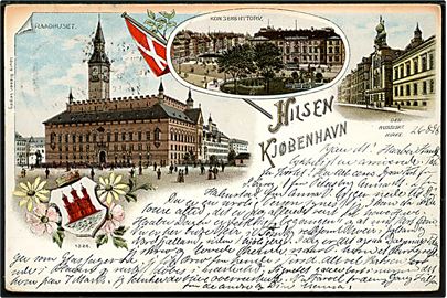 Købh., Hilsen fra Kjøbenhavn med Raadhus, Kongens Nytorv og Russiske kirke. Glaser no. 1326.