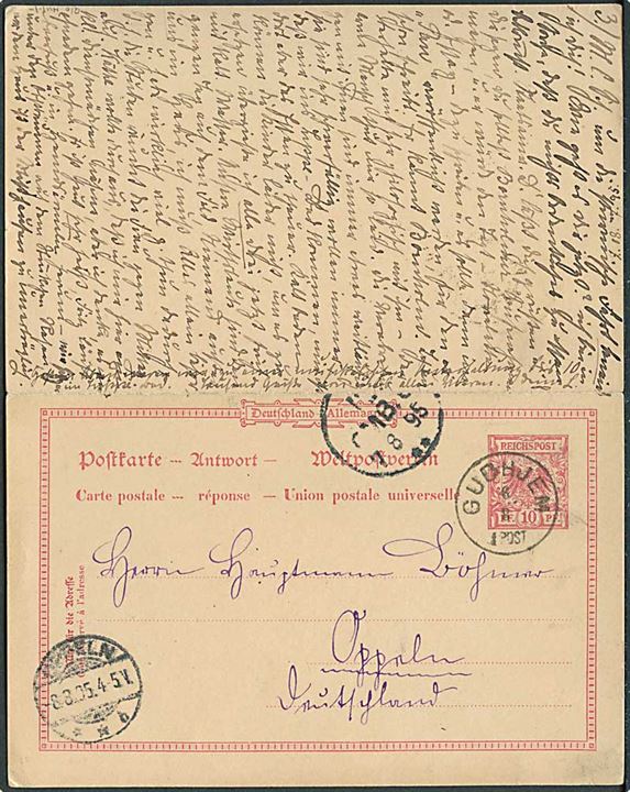Tysk 10+10 pfg. dobbelt brevkort fra Ziegenhals d. 19.7. 1895 via Rønne og Allinge til Sandvig på Bornholm. Vedhængende svardel annulleret med lapidar stempel Gudhjem d. 6.8.1895 til Oppeln, Tyskland. 