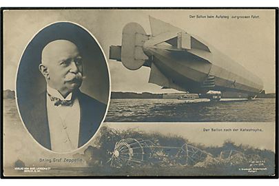 Graf Zeppelin, samt luftskibet L.Z.4 ved Bodensee og vrag efter at være forulykket ved Echterdingen d. 5.4.1908.