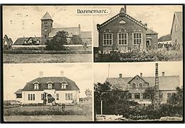 Dannemare, partier med kirke, elektricitetsværk, Vestergaard og Elsegaard. H. Schmidt u/no.