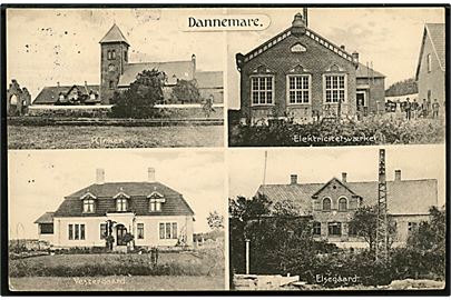 Dannemare, partier med kirke, elektricitetsværk, Vestergaard og Elsegaard. H. Schmidt u/no.