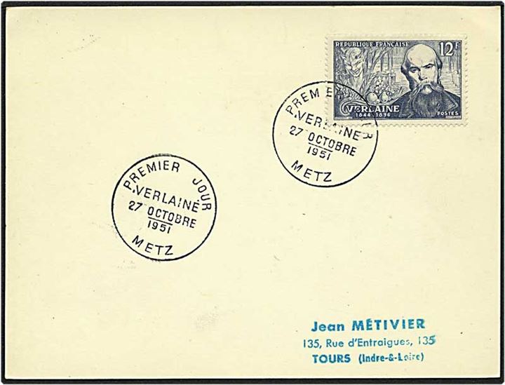 3 forsendelser, komplet sæt, fra Metz, Frankrig, d. 27.10.1951 til Tours.