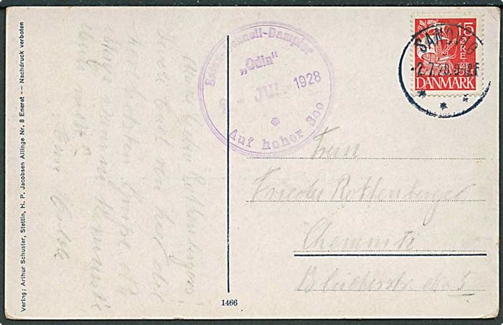 15 øre Karavel på brevkort stemplet Svaneke d. 2.7.1928 og sidestemplet med privat skibsstempel Salon-Schnell-Dampfer / “Odin” / 2 JUL. 1928 / Auf hoher See til Chemnitz, Tyskland.