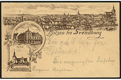 Svendborg, Hilsen fra med udsigt, Højskolehjemmet Petersborg og Frue kirke. Tiltryk på 10 øre Våben helsagsbrevkort sendt fra Svendborg d. 5.7.1894 til Sønderborg, i Nordslesvig. Nålehul og 2 kantskader.