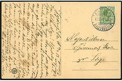5 øre Chr. X på brevkort fra Jyderup annulleret med bureaustempel Kjøbenhavn - Kallundborg T.168 d. 11.9.1918 til Stege.