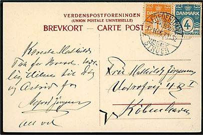 1 øre og 4 øre Bølgelinie på brevkort fra Ringkøbing annulleret med bureaustempel Fredericia - Struer T.1632 d. 1.11.1906 til København.