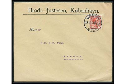 10 øre Chr. X med perfin B.J. på firmakuvert fra Brødr. Justesen i Kjøbenhavn d. 29.3.1917 til Assens.