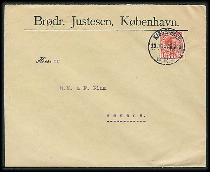 10 øre Chr. X med perfin B.J. på firmakuvert fra Brødr. Justesen i Kjøbenhavn d. 29.3.1917 til Assens.