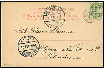 5 øre Våben på brevkort (Gislingegaard) annulleret med stjernestempel GISLINGE og sidestemplet Nykjøbing S. - Holbæk T.6 d. 29.5.1905 til København.