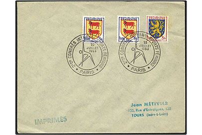 5 frank på brev fra Paris, Frankrig, d. 20.7.1953 til Tours. Motiv af kvindegymnastik i stemplet.