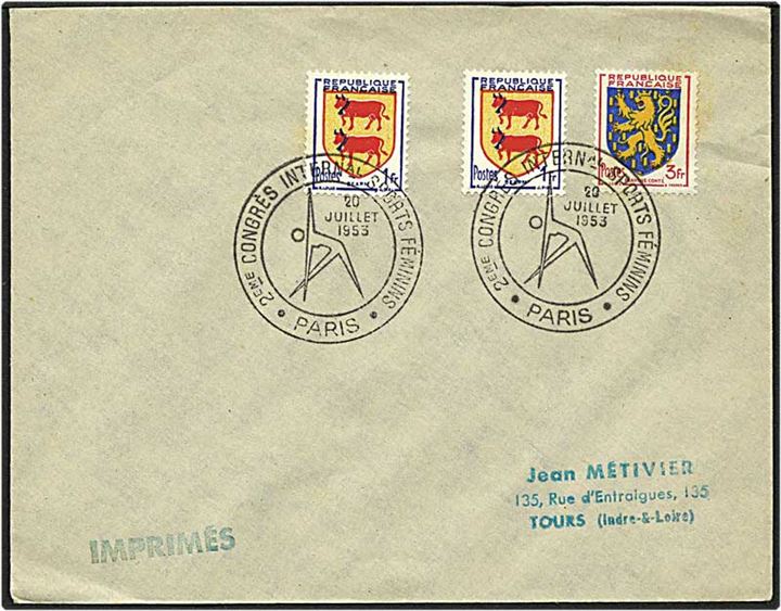 5 frank på brev fra Paris, Frankrig, d. 20.7.1953 til Tours. Motiv af kvindegymnastik i stemplet.