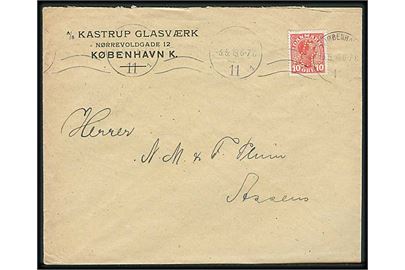 10 øre Chr. X med perfin A.K.G. på firmakuvert fra A/S Kastrup Glasværk stemplet Kjøbenhavn d. 3.5.1919 til Assens.