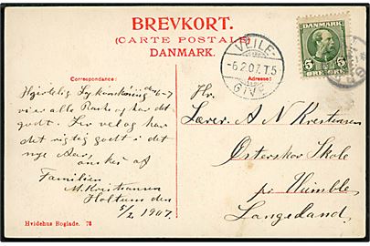 5 øre Chr. IX på brevkort annulleret med svagt stjernestempel GREISDAL og sidestemplet bureau Veile - Give T.5 d. 6.2.1907 til Humble.