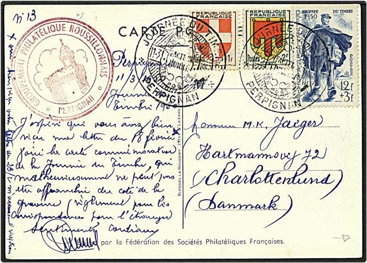 15 frank på postkort fra Perpignin, Frankrig, d. 11.3.1950 til Charlottenlund. Motiv af postbude.