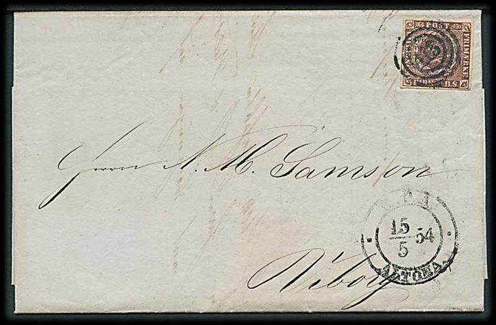 4 R.B.S. Thiele II sortbrun på brev annulleret med nr.stempel 113 og sidestemplet antiqua K.P.A. Altona d. 15.5.1854 til Viborg.