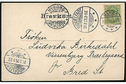 5 øre Våben på brevkort fra Maribo d. 30.8.1905 via Middelfart og bureau Nyborg - Vamdrup T.52 d. 31.8.1905 til Vissenbjerg Præstegaard pr. Bred St.
