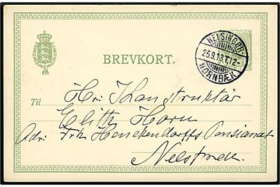5 øre Fr. VIII helsagsbrevkort fra Aalsgaarde annulleret med bureaustempel Helsingør - Hornbæk T.12 d. 25.9.1913 til Næstved.