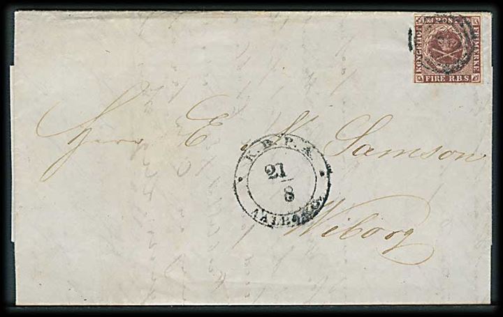 4 R.B.S. Thiele I på brev annulleret med svagt nr.stempel 4 og sidestemplet antiqua K.D.P.A. Aalborg d. 21.8.1853 til Viborg.