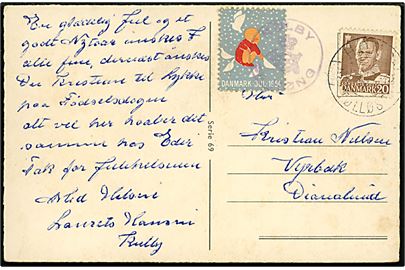 20 øre Fr. IX og Julemærke 1954 på julekort annulleret med bureaustempel Høng - Tølløse T.12 d. 30.12.1954 og sidestemplet med posthornstempel KULBY pr. HØNG til Dianalund.