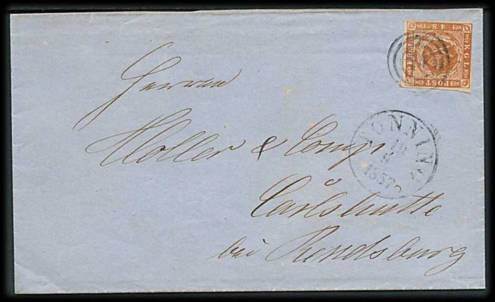 4 sk. 1854 udg. på brev annulleret med nr.stempel 74 og sidestemplet antiqua Tönning d. 19.9.1857 til Carlshütte bei Rendsburg.