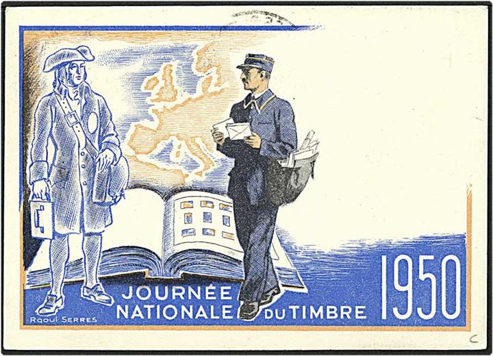 15 frank på postkort fra Perpignin, Frankrig, d. 11.3.1950 til Charlottenlund. Motiv af postbude.